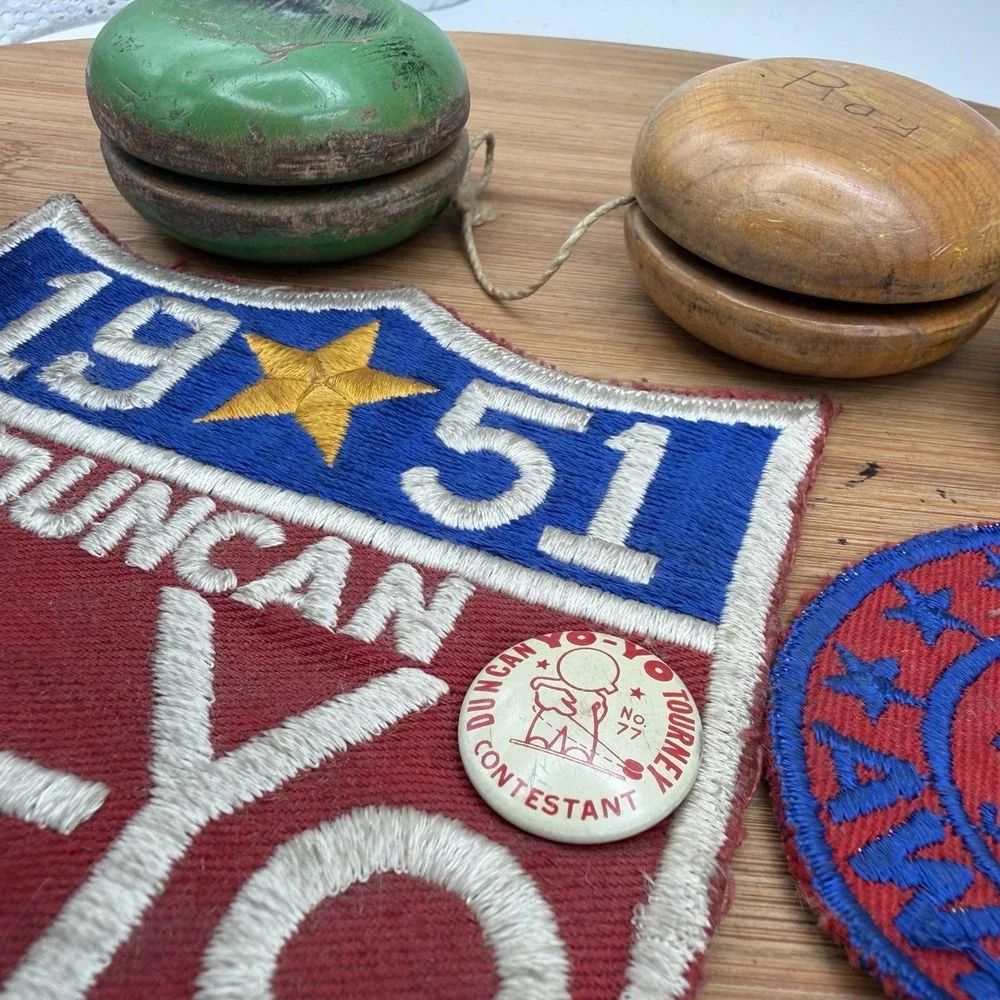 VTG  Duncan Yo-Yo Collection Lot 1950's wood Tournament Memorabilia Patches book
